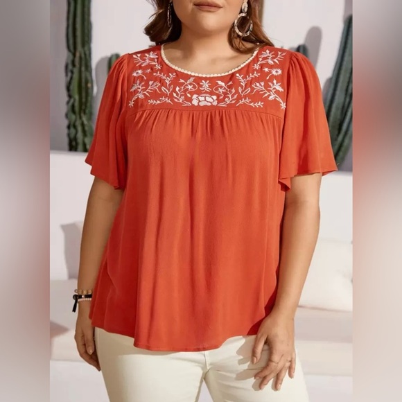 Women’s Plus 3X Embroidered Boho Peasant Blouse Rust Terracotta Orange Fall Top - Picture 5 of 10